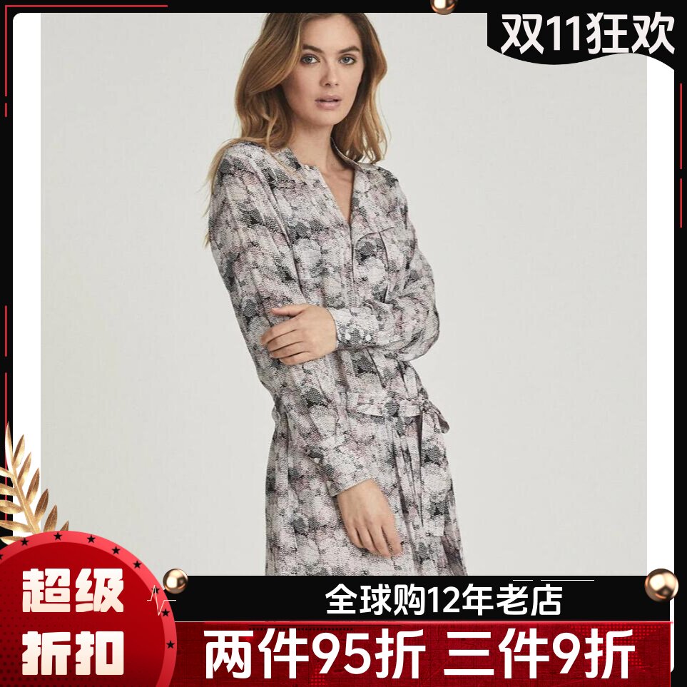 REISS长袖连衣裙衬衫裙一步裙束腰粉色印花优雅气质通勤OL百搭