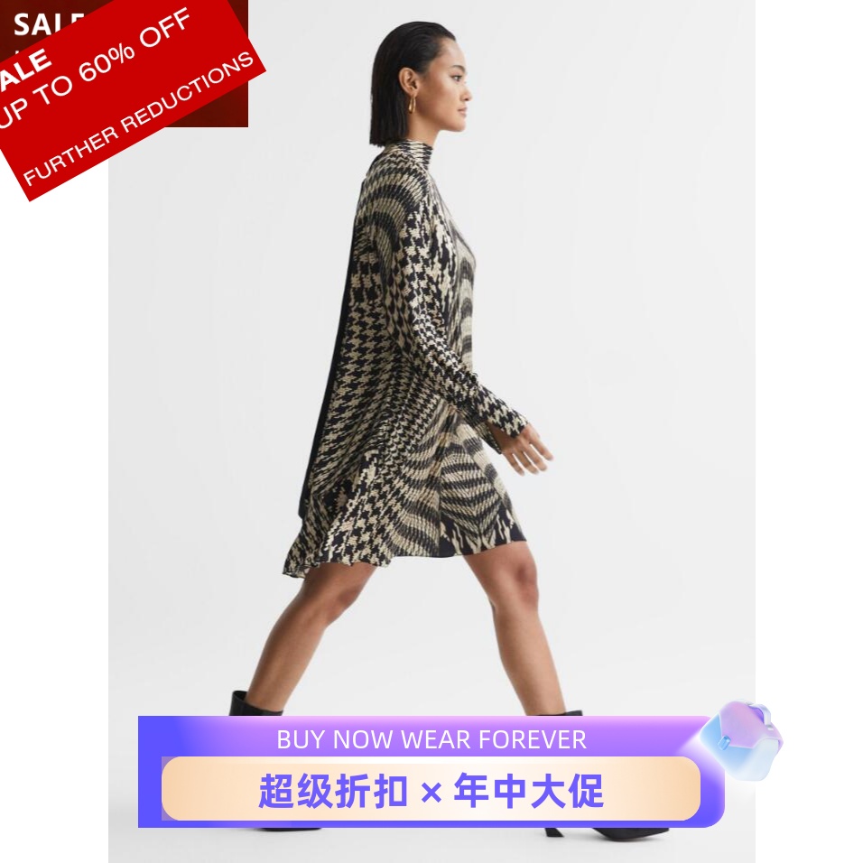 REISS长袖千鸟格系带连衣裙