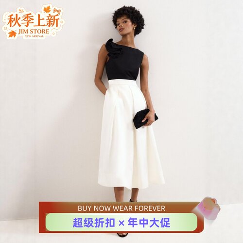 Phase Eight无袖连衣裙礼服裙中长款黑白拼色假两件立体花朵显瘦