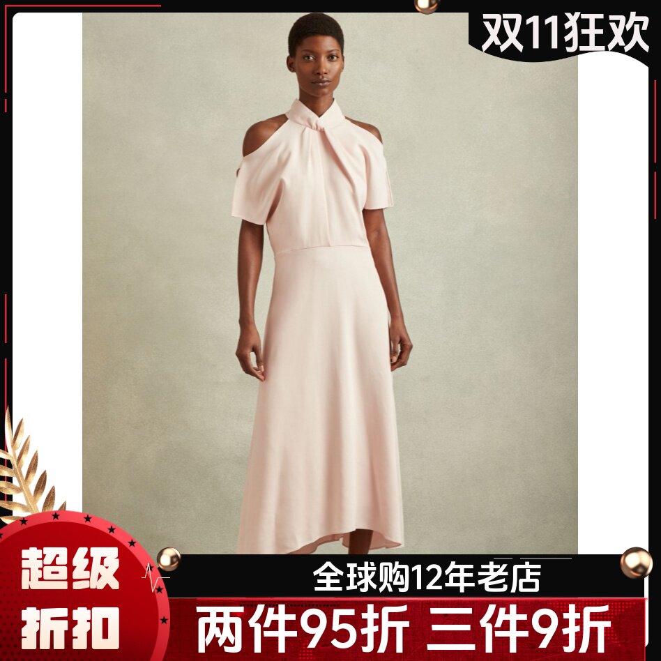 REISS短袖连衣裙礼服裙中长款裸粉色露肩纯色高腰修身优雅名媛风