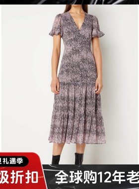 WHISTLES短袖连衣裙中长款波浪花纹高腰修身优雅复古英伦修身气质