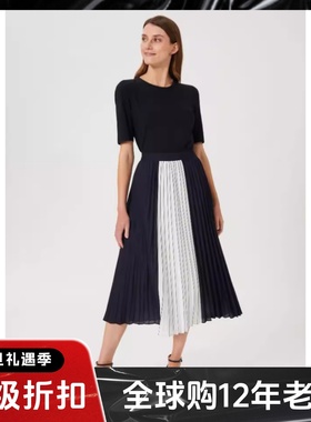 HOBBS半身裙百褶裙藏蓝白色拼色中长松紧腰优雅飘逸垂感气质百搭