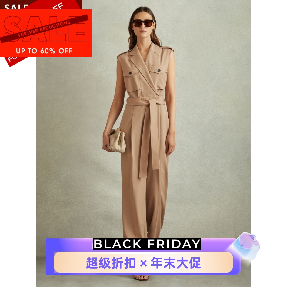 REISS连体裤连衣裤西服领直筒长裤系带石黄卡其色通勤干练百搭