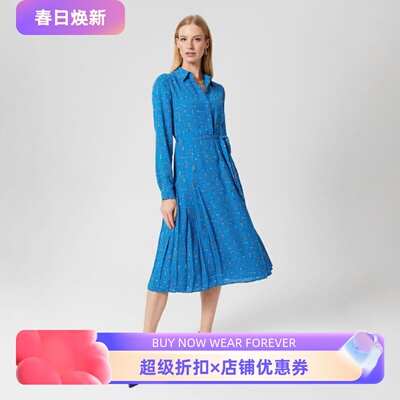 HOBBS长袖连衣裙衬衫裙中长系带百褶钥匙印花气质英伦淑女休闲