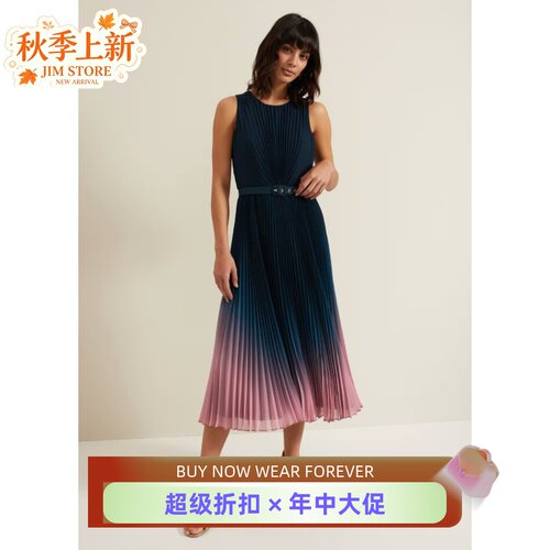 Phase Eight连衣裙百褶裙背心裙中长无袖系带藏蓝渐变色优雅大气