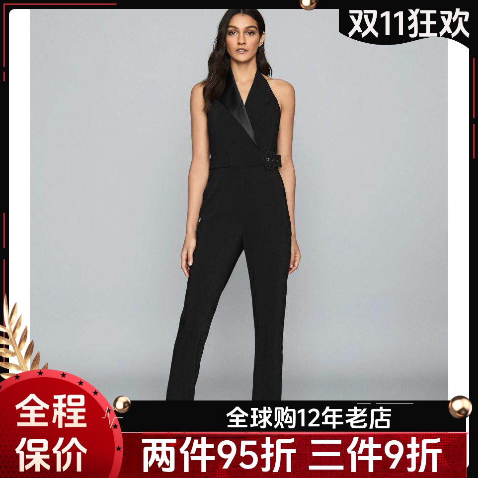 REISS夏季新连体裤连衣裤无袖西服领长裤直筒黑色束腰干练通勤OL