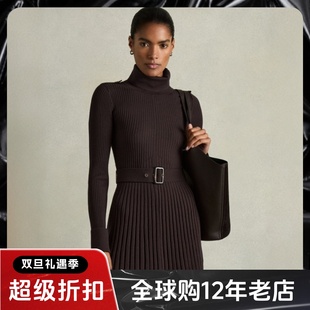 REISS长袖连衣裙百褶裙深棕色针织高领短款配腰带纯色通勤显瘦