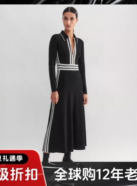 UNI CLOSET黑色长袖针织连衣裙衬衫裙中长A字白色条纹英伦显瘦