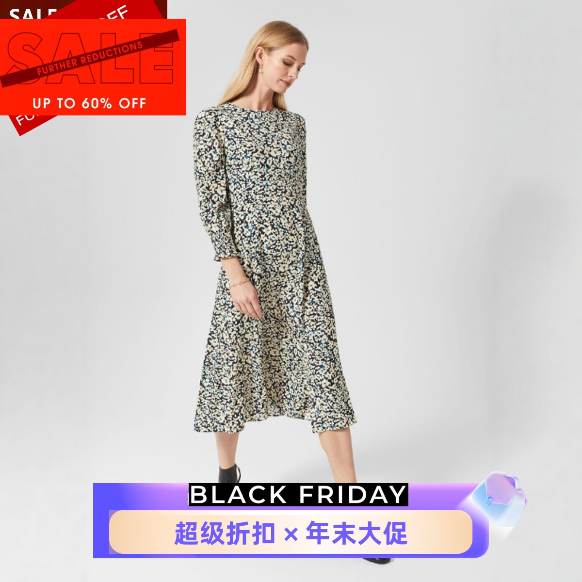 HOBBS长袖连衣裙茶歇裙碎花中长款圆领简约休闲松弛百搭英伦风