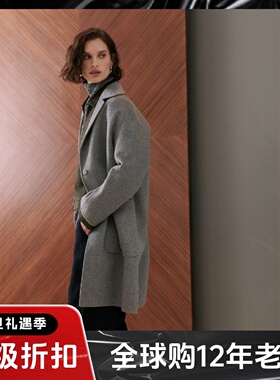 WHISTLES浅灰色羊毛毛呢大衣外套西服领中长款对称口袋通勤百搭