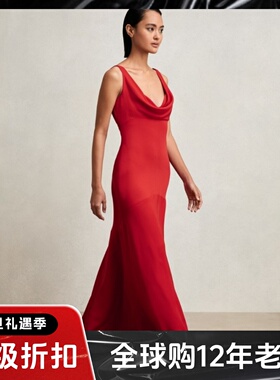 REISS红色堆堆领礼服裙连衣裙长裙纯色无袖简约大气名媛风修身