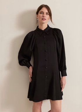 Phase Eight黑色长袖衬衫裙纯色泡泡袖简约直筒优雅英伦通勤百搭