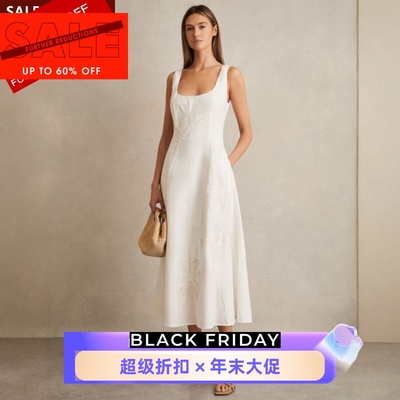 REISS白色无袖连衣裙休闲茶歇裙重工刺绣中长A字高腰修身简约大气