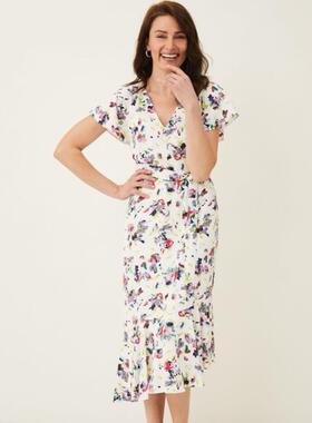 Phase Eight短袖连衣裙白色对话印花中长一步裙系带修身清新淑女