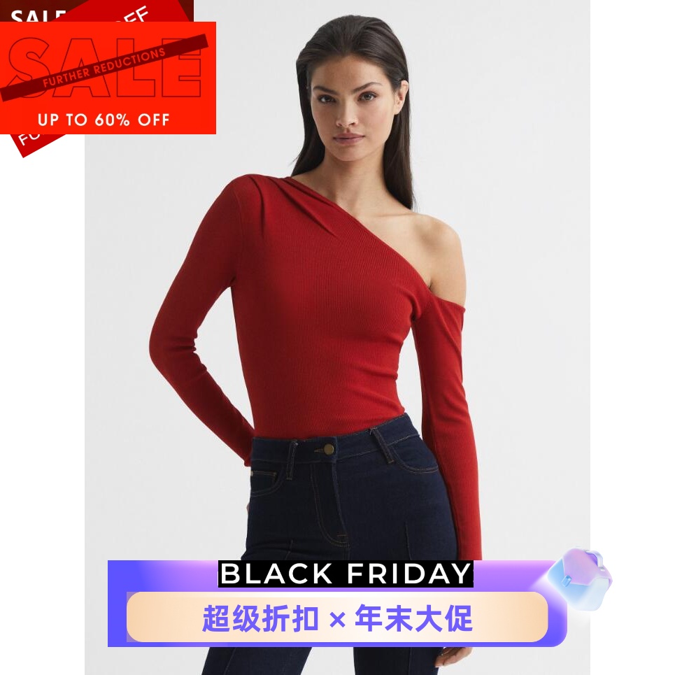 REISS红色露肩针织上衣简约百搭