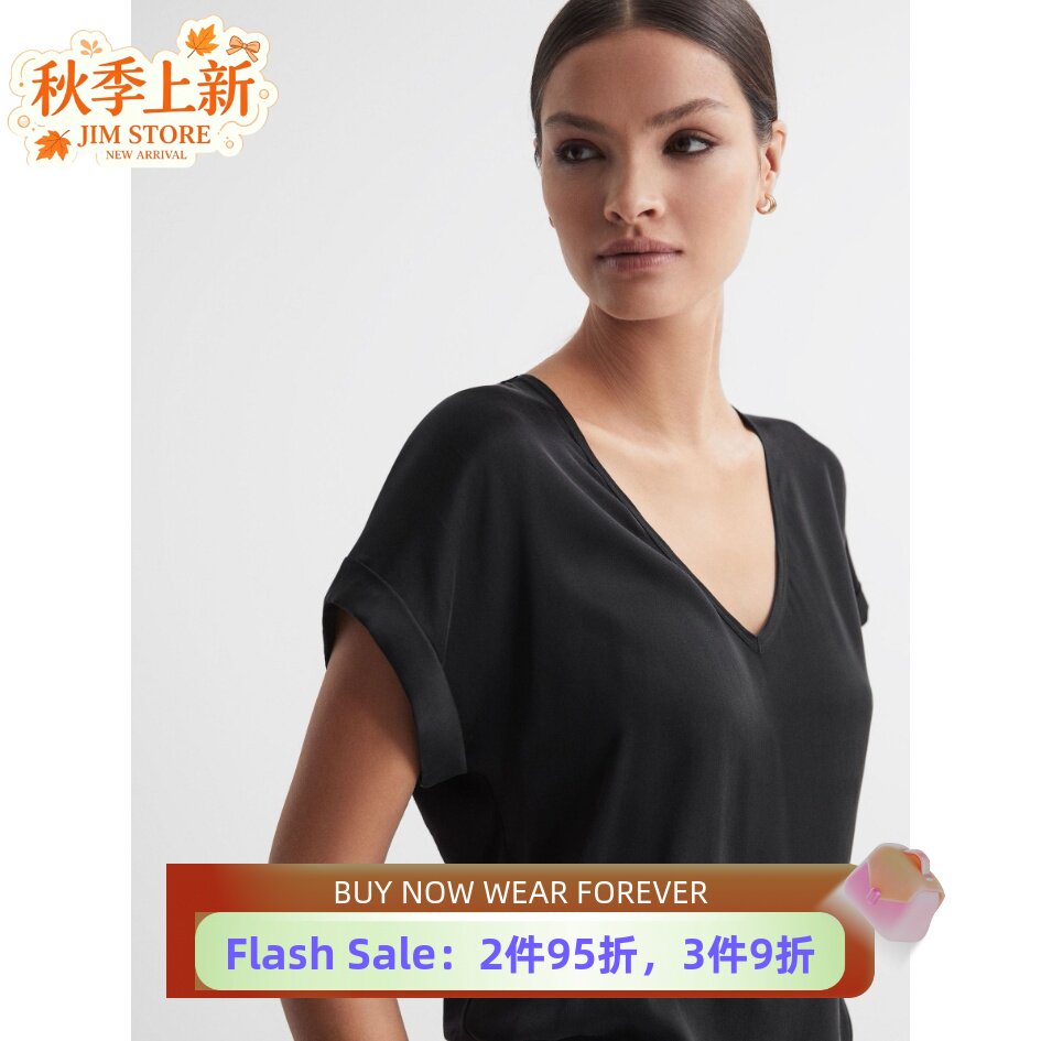 REISS黑色短袖T恤上衣真丝桑蚕丝V领直筒纯色简约淑女通勤OL百搭