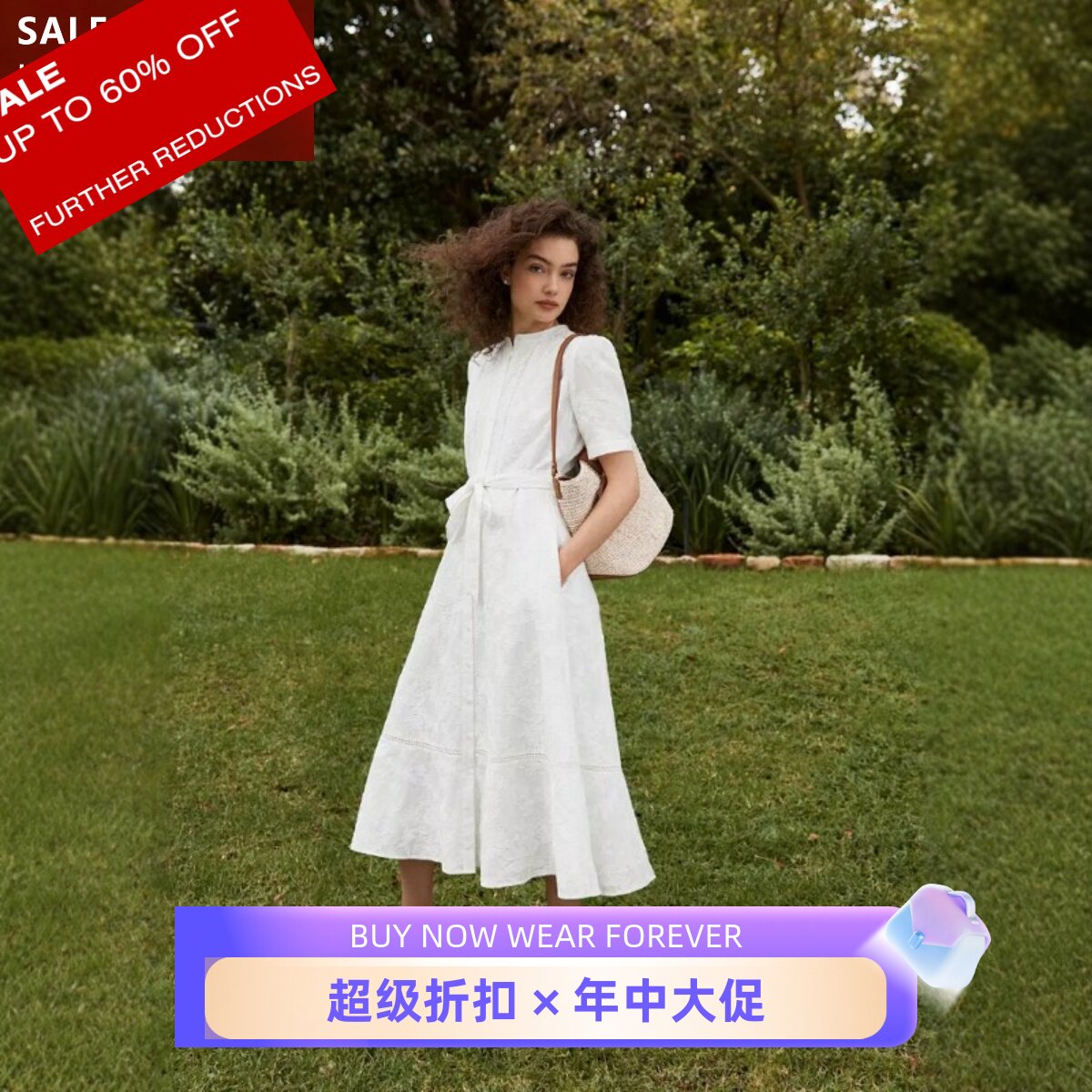 HOBBS白色短袖连衣裙衬衫裙中长系带暗花蕾丝简约优雅气质百搭