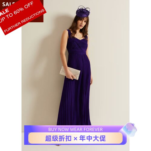 Phase Eight连体裤裙裤长裤吊带无袖方领罗兰紫交叉绑带优雅气质