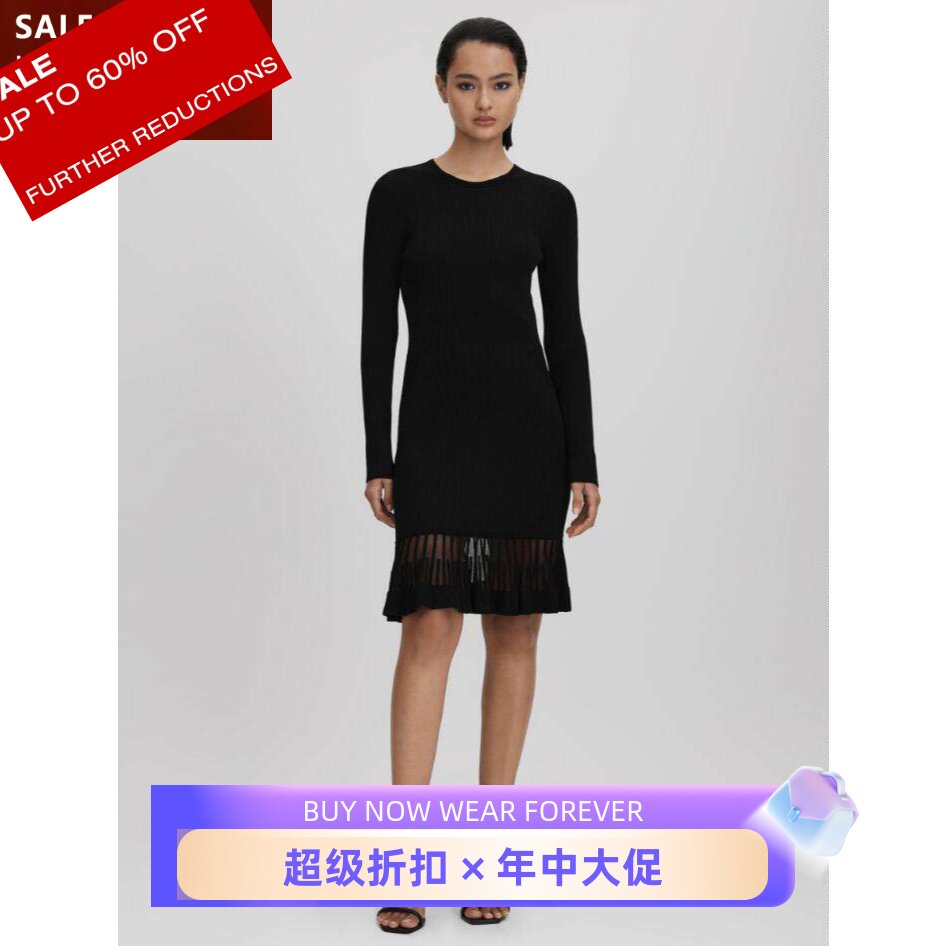 REISS黑色针织长袖连衣裙