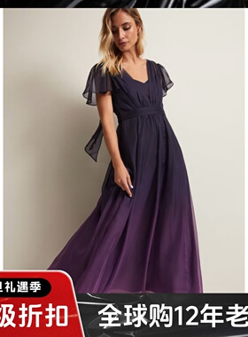 Phase Eight短袖连衣裙度假裙深紫色长裙V领系带高腰修身优雅名媛