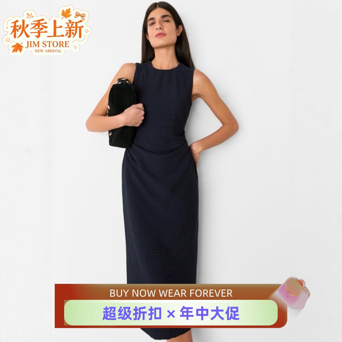 WHISTLES藏蓝通勤裙连衣裙无袖圆领中长款褶皱装饰纯色透气显瘦OL