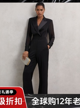 REISS黑色长袖连体裤连体裤长裤西服领气质英伦风干练百搭