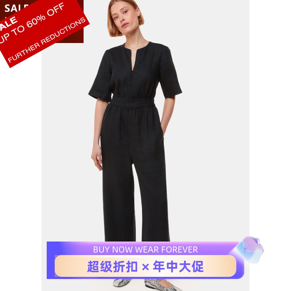 WHISTLES黑色短袖连体裤连体衣直筒长裤亚麻材质高腰修身简约气质