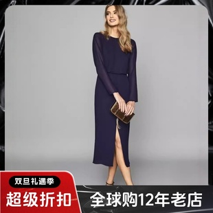 中长纯色一步裙通勤露背reiss代购 REISS俞飞鸿同款 连衣裙纱长袖