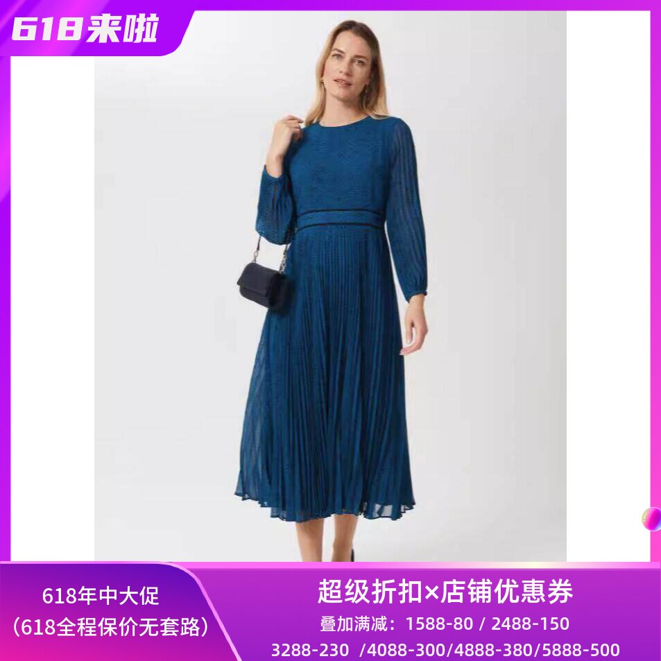 HOBBS蓝色波点百褶裙优雅英伦风