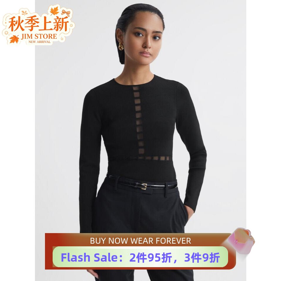 REISS黑色纱网拼接针织上衣通勤