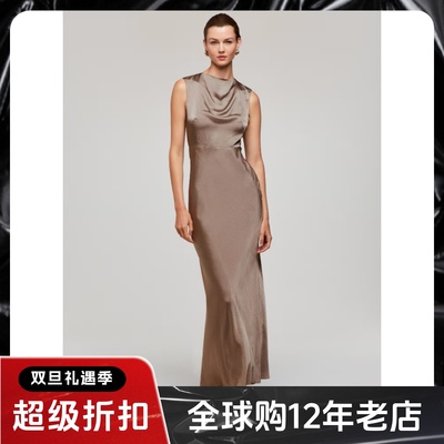 WHISTLES连衣裙礼服裙长裙堆堆领露背系带缎面青灰色优雅大气名媛