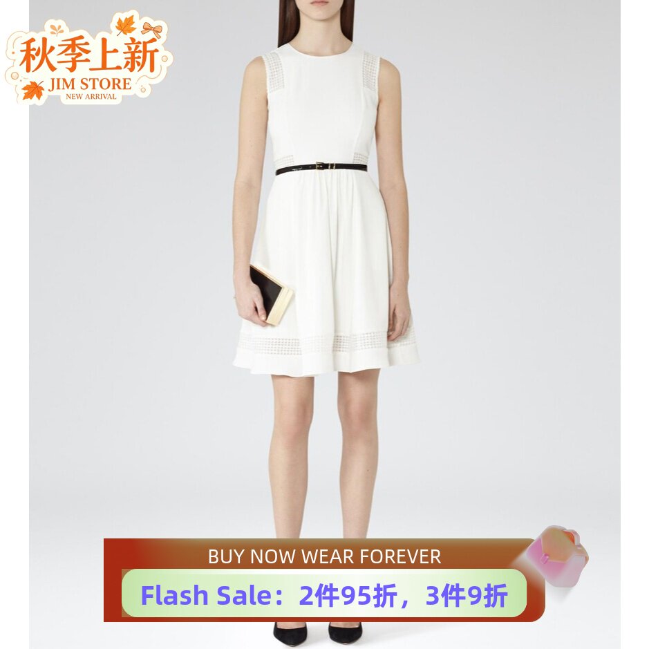 REISS白色连衣裙小白裙A字纯色短裙蕾丝镂空高腰修身清新淑女