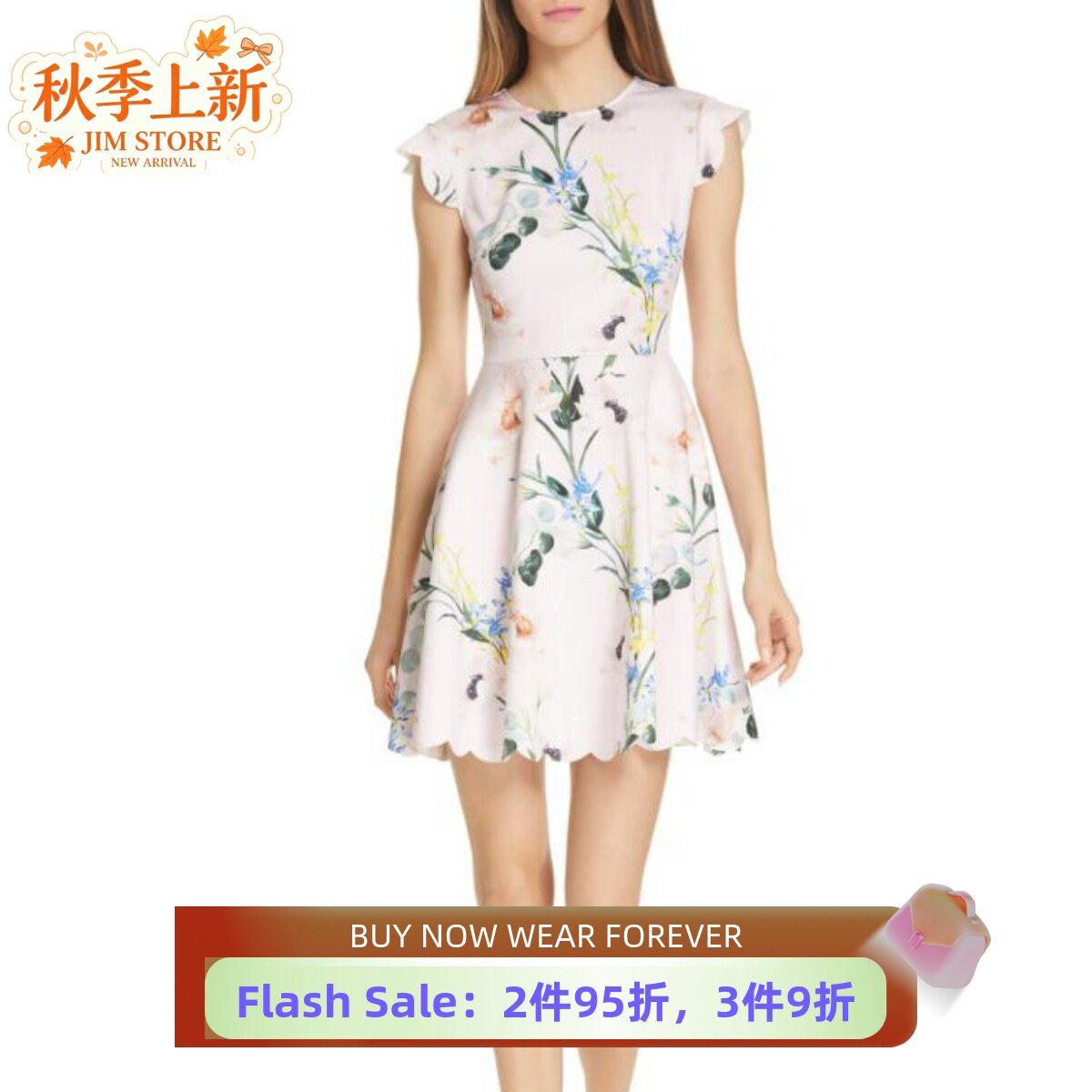 TED BAKER短袖连衣裙A字裙白色碎花印花修身清新淑女优雅通勤百搭