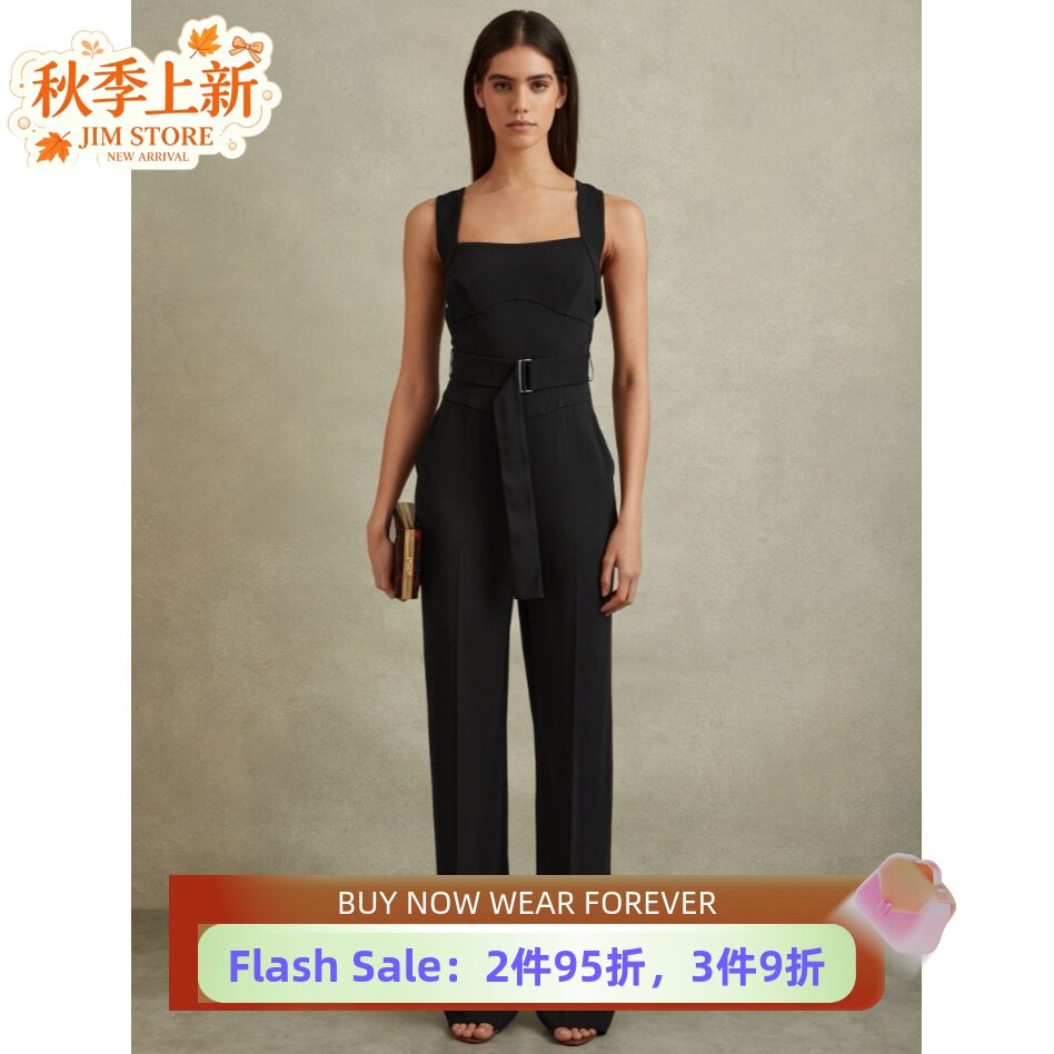 REISS黑色连体裤连衣裤吊带长裤纯色露背高腰配腰带休闲英伦显瘦