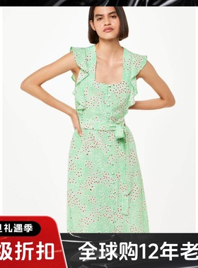 WHISTLES浅绿花飞飞袖连衣裙中长方领系带一步裙飘逸优雅淑女风