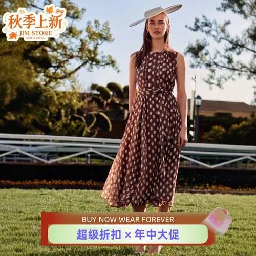 Phase Eight波点连衣裙茶歇裙中长拿铁色无袖高腰系带简约百搭