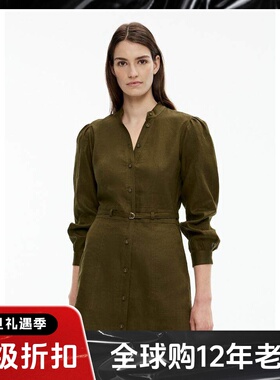 UNI CLOSET长袖连衣裙衬衫裙一步裙军绿色配腰带气质英伦风百搭