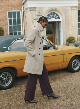 HOBBS中立色羊毛毛衣大衣外套中长款双排扣西服领简约气质英伦风