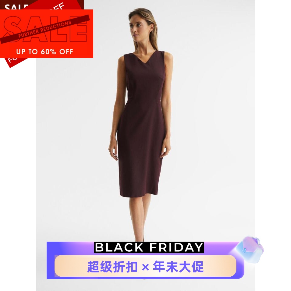 REISS酒红V领包臀正装裙