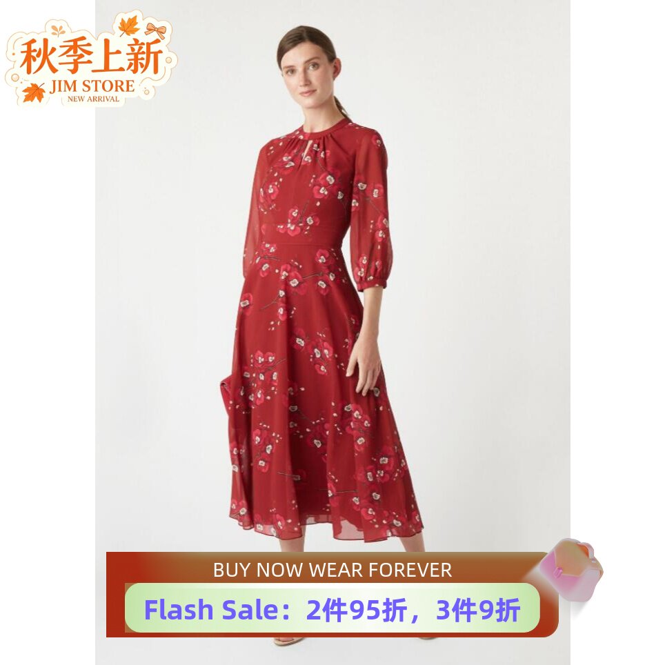 HOBBS七分袖连衣裙中长款红碎花