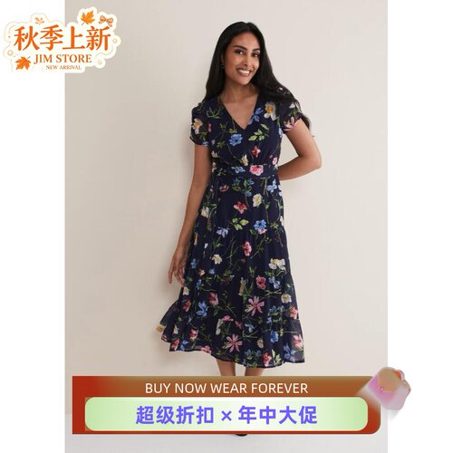PhaseEight藏蓝刺绣中长裙