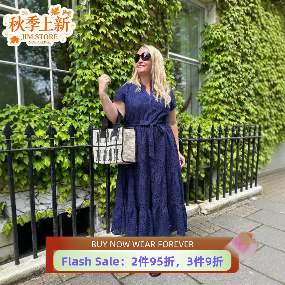 HOBBS短袖蕾丝连衣裙藏蓝中长系带棉质气质英伦百搭显瘦