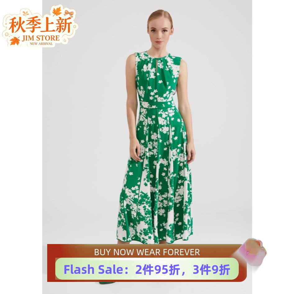 HOBBS连衣裙百褶裙绿色碎花印花中长裙碎花高腰修身清新淑女英伦