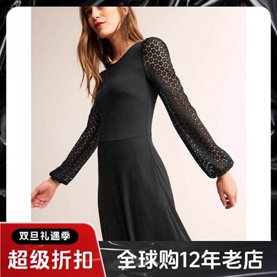 黑长袖A字连衣裙蕾丝袖修身百搭