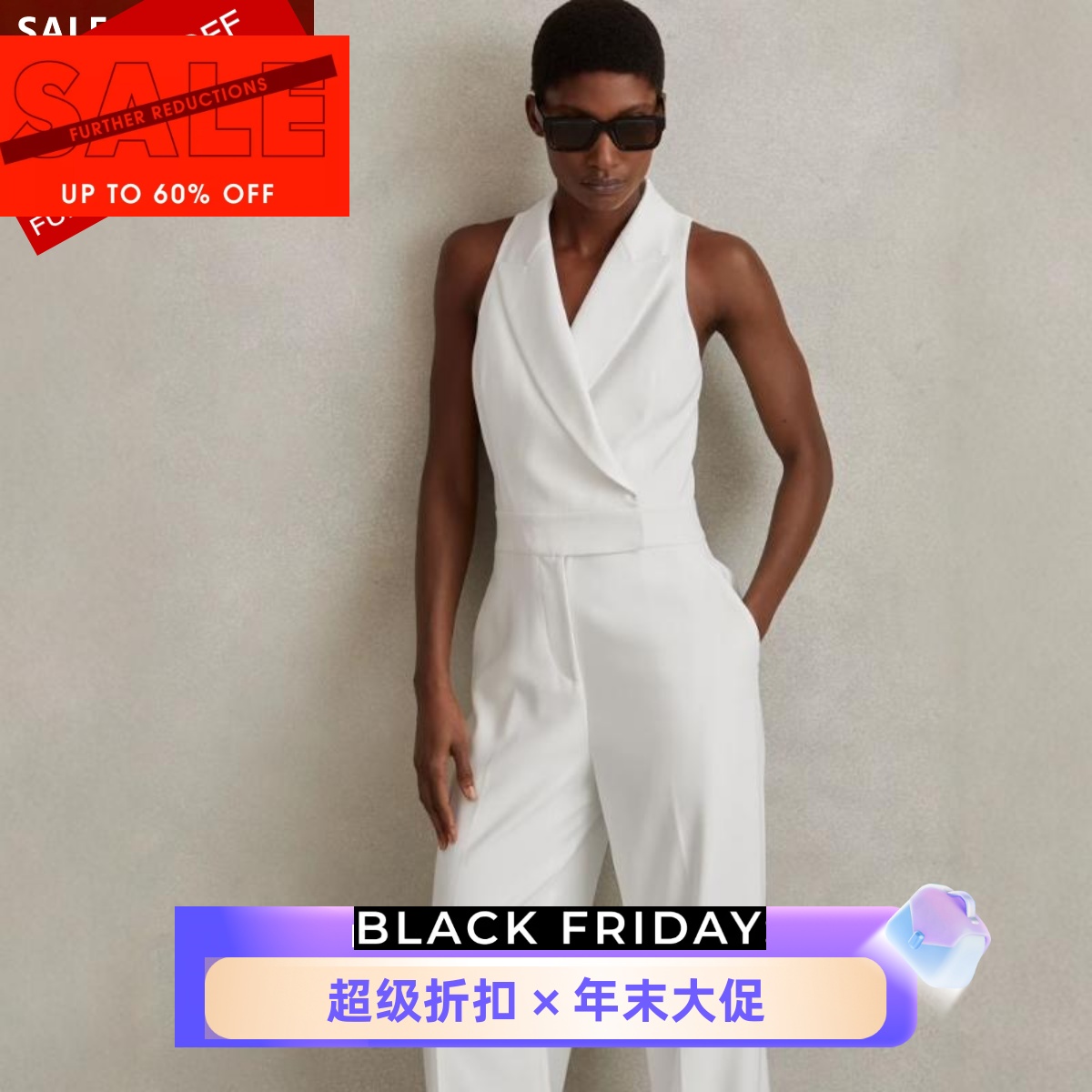 REISS西服领连体裤连体衣白色直筒长裤阔腿无袖高腰修身气质干练