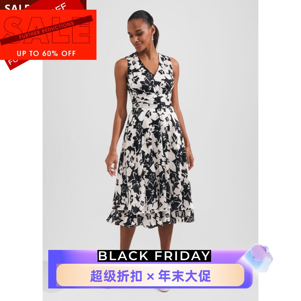 HOBBS黑白印花裹腰连衣裙