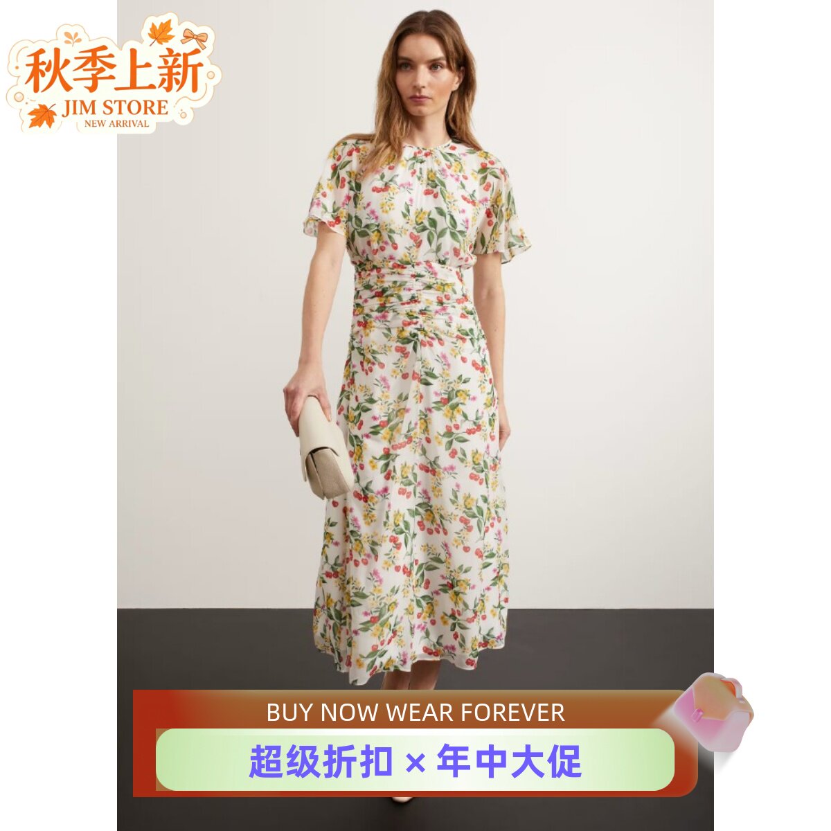 HOBBS短袖连衣裙中长裙白底碎花樱桃图案褶皱修身优雅淑女风