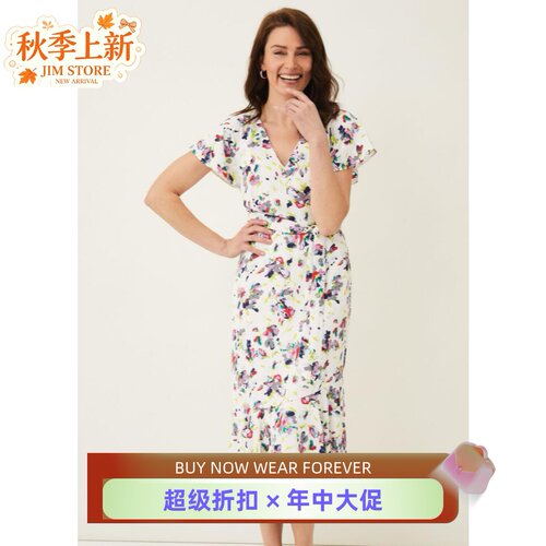 Phase Eight短袖连衣裙白色对话印花中长一步裙系带修身清新淑女
