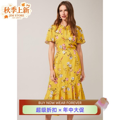 Phase Eight短袖连衣裙中长黄色碎花印花鱼尾H型修身优雅英伦淑女