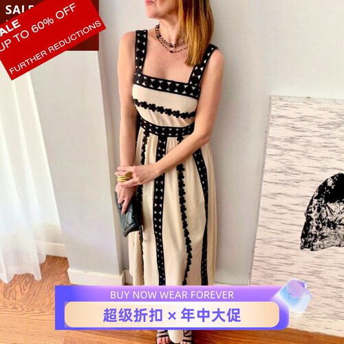 UNI CLOSET吊带连衣裙中长裙象牙白黑色花朵圆形刺绣气质英伦百搭